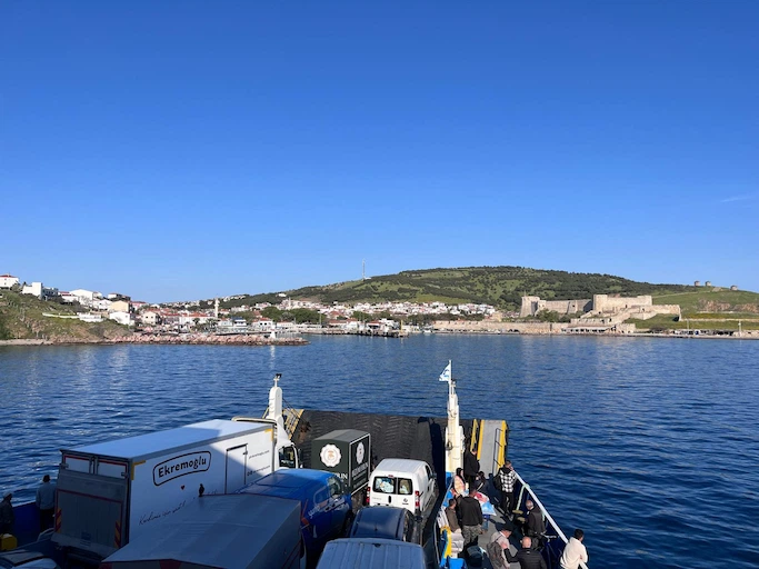 Bozcaada harbor and ferry arriving